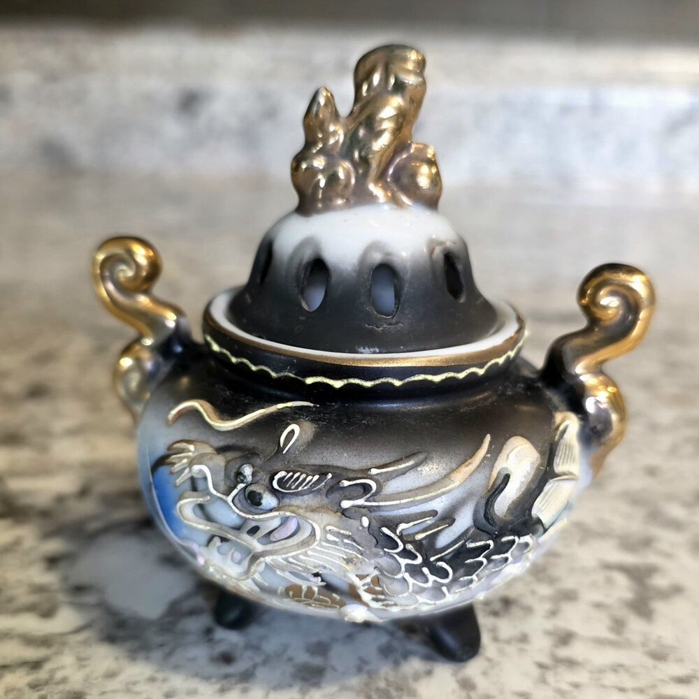Vintage Dragonware Incense Burner Foo Dog Lid Japan Moriage Porcelain Dragon